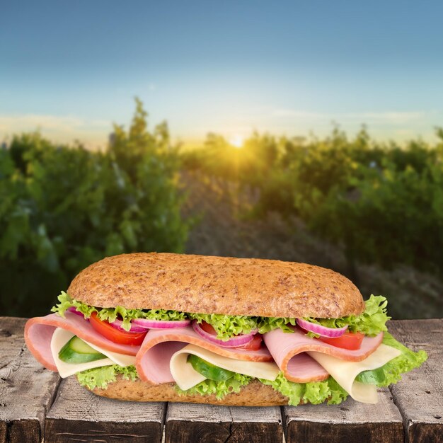 Close-up of sandwich with tomatoes and cheese on wooden table background