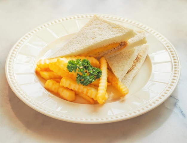 Close up sandwishes and french fries on cream plate