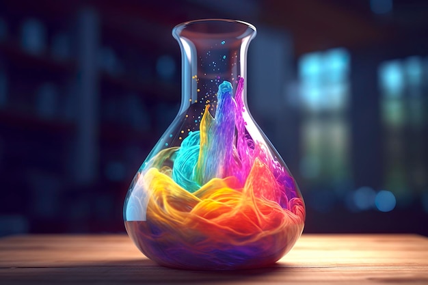 Close Up of a Science Beaker Filled with Multi Colored Liquids AI Generative