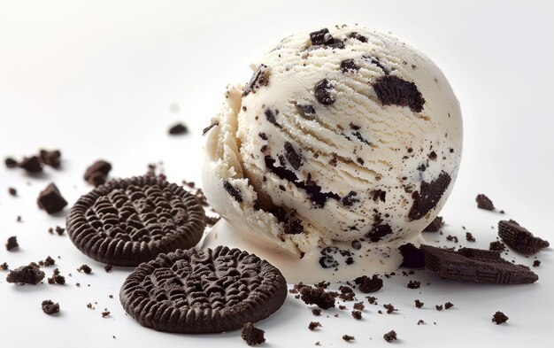 Photo close up of a scoop of cookies and cream ice cream with crumbs