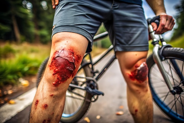 Close up of scraped bloody knees after a bike crash