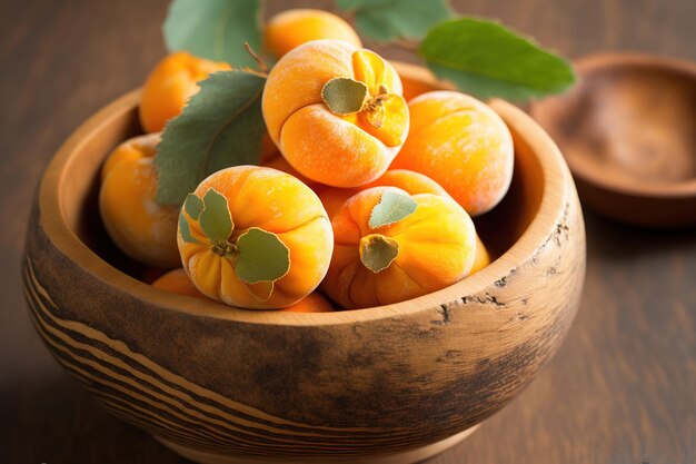 Close up of scrumptious ripe apricots in a wooden bowl on the table above horizontal perspective