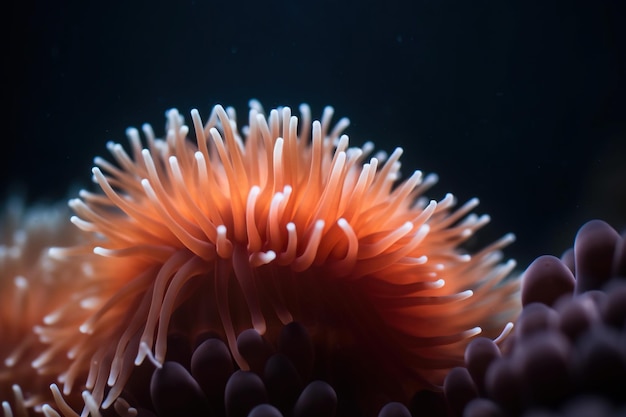 A close up of a sea anemone with a black background