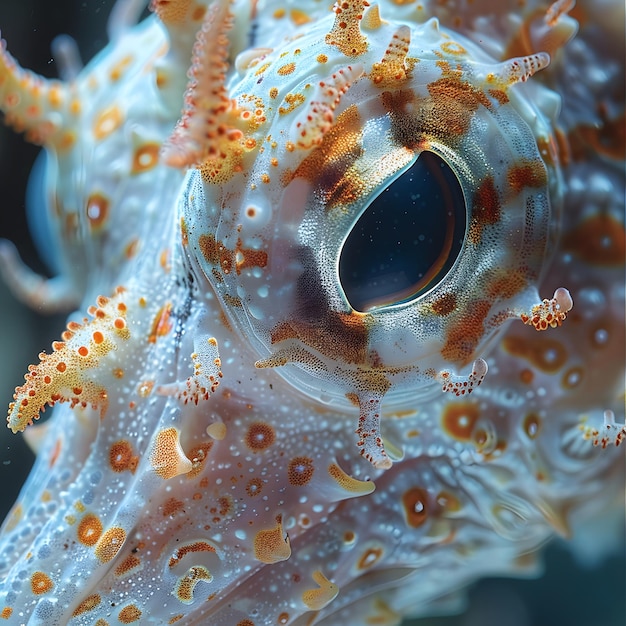 Photo a close up of a sea creature with a large orange head and white body the creature has a large eye and a small mouth