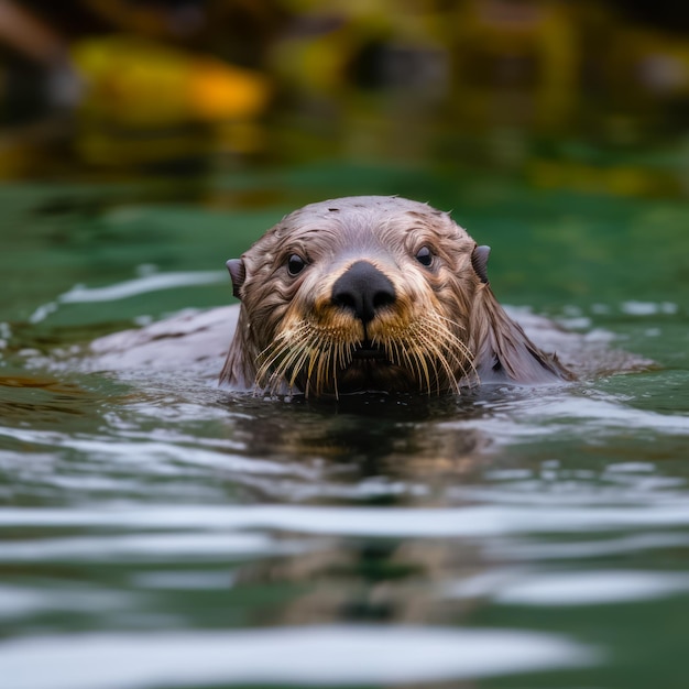 Close up of sea otter swimming in body of water with it's head above the water's surface Generative AI