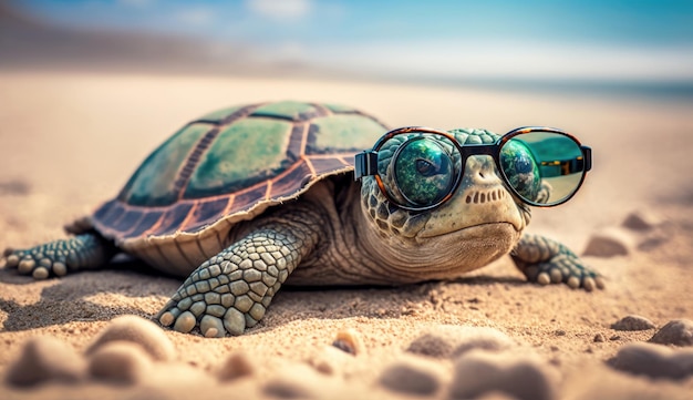 Close up sea turtle lay down on the beach with ocean background Sea life marine Generative Ai