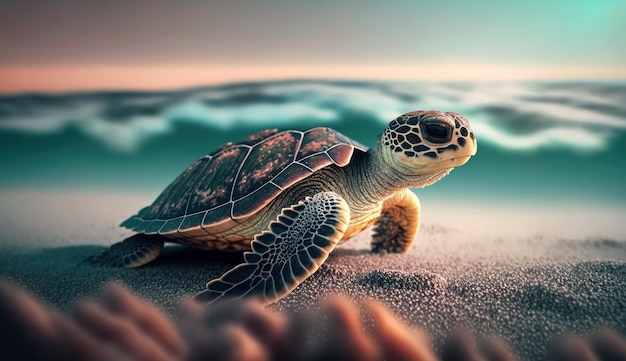 Close up sea turtle lay down on the beach with ocean background Sea life marine Generative Ai