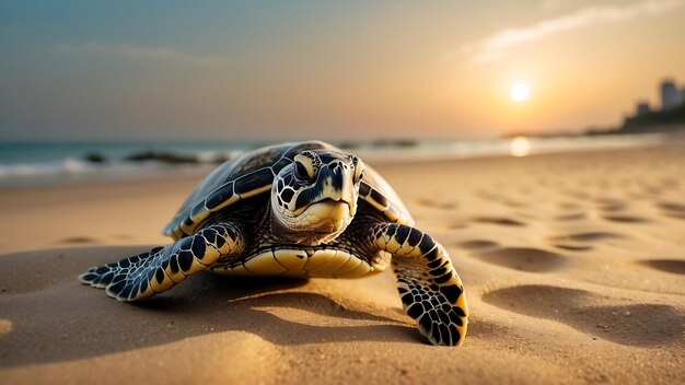 A close up of a sea turtle on sand on a Tropical Beach