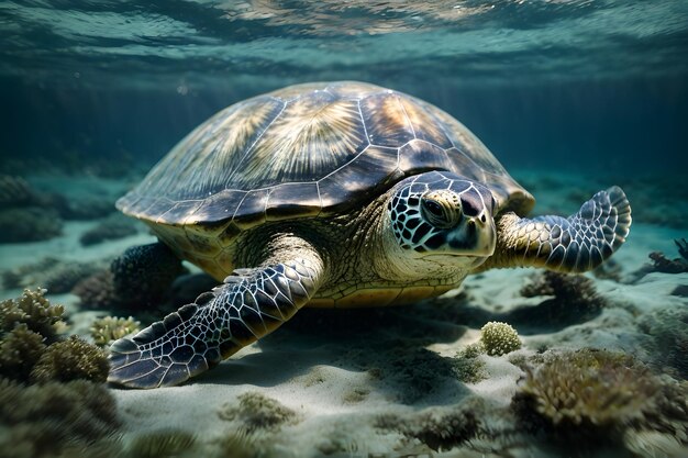 A close up of a sea turtle under the sea