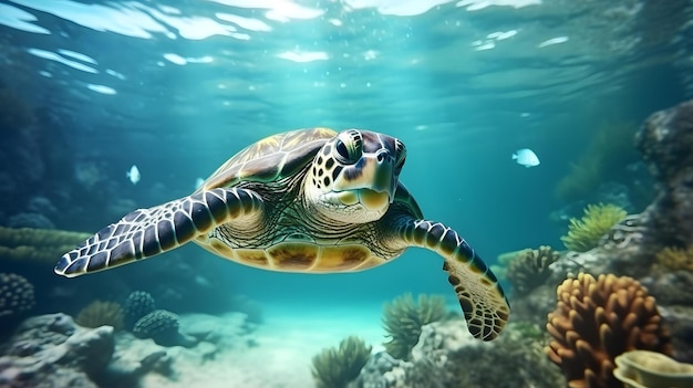 Close up of a Sea Turtle swimming in the clear Ocean Natural Background with beautiful Lighting