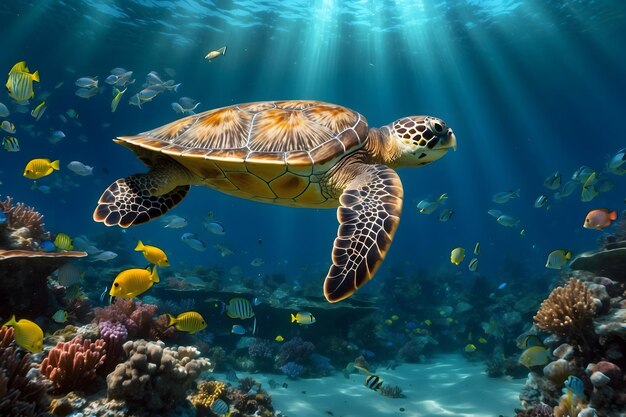 A close up of a sea turtle swimming undersea