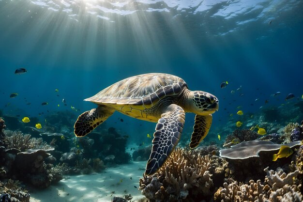 A close up of a sea turtle swimming undersea