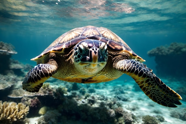 A close up of a sea turtle swimming undersea