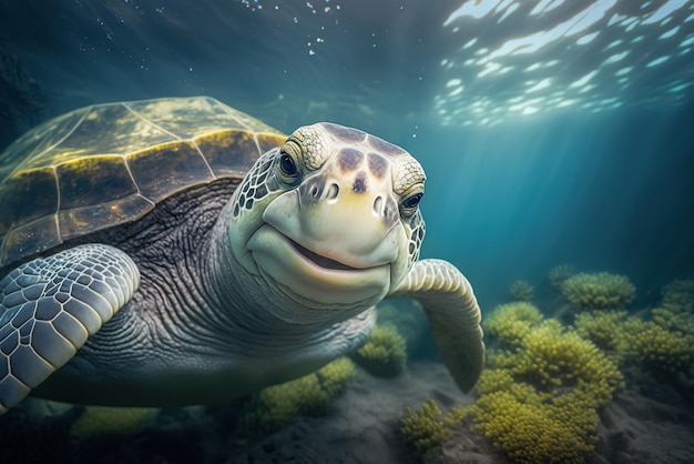 Close up of a sea turtle underwater Endangered wildlife and ocean ecosystem concept Generative AI