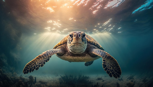 Close up of a sea turtle underwater Endangered wildlife and ocean ecosystem concept Generative AI