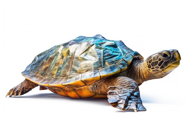 Close up sea turtle with plastic bag isolated on white background Sea life marine Generative Ai