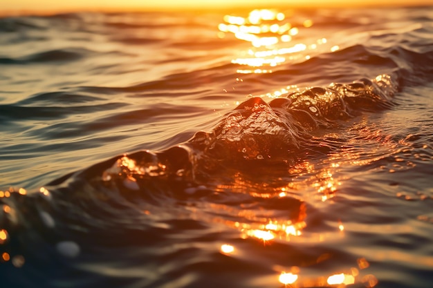 Close up of a sea wave with the sun setting in the background