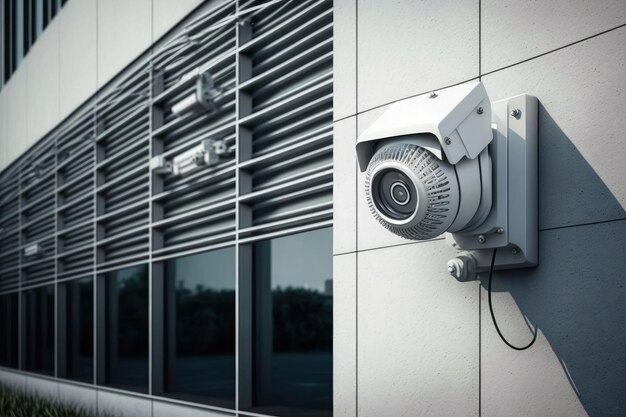 Close up of security camera on modern building wall AI generated