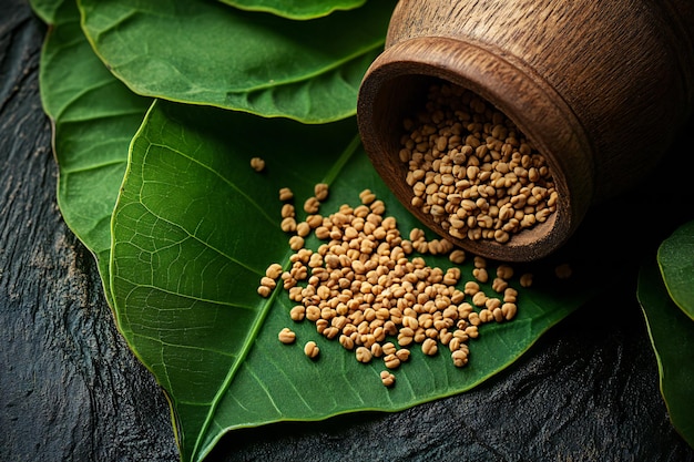 a close up of seeds on a leaf with a spoon