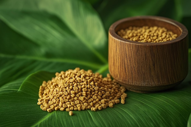 a close up of seeds and a wooden bowl with a spoon on top of it