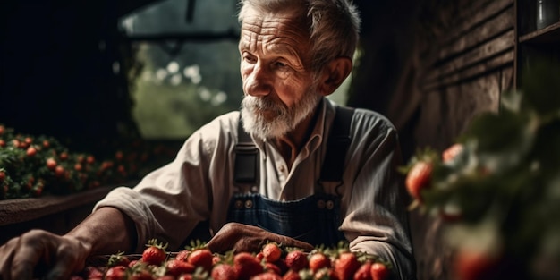 Close up of senior gardener in uniform picking fresh ripe strawberries at greenhouse aged man harvesting seasonal berries on fresh air