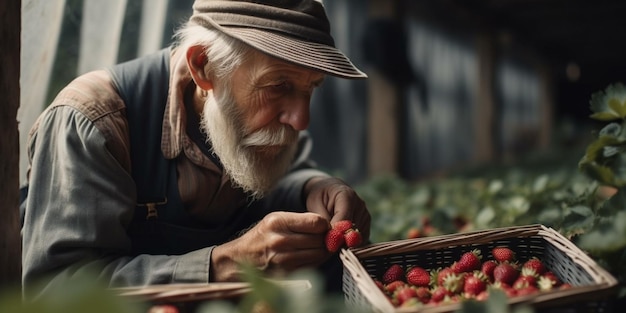 Close up of senior gardener in uniform picking fresh ripe strawberries at greenhouse aged man harvesting seasonal berries on fresh air