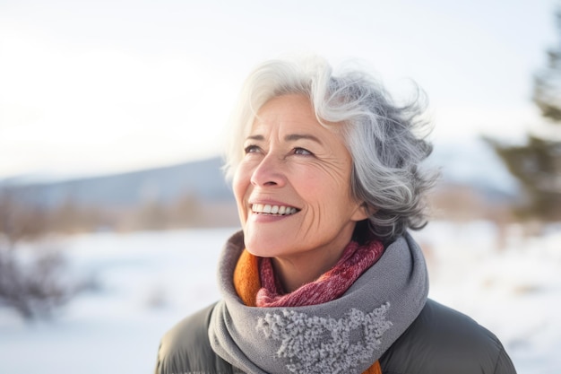 Close up of a senior woman contemplating a winter scene from her window