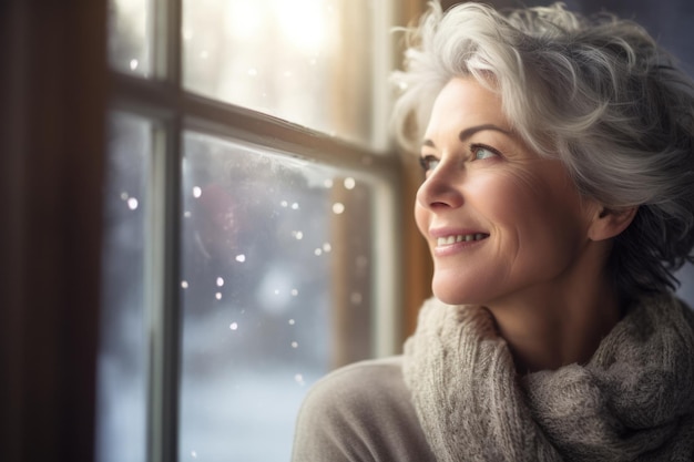 Close up of a senior woman contemplating a winter scene from her window