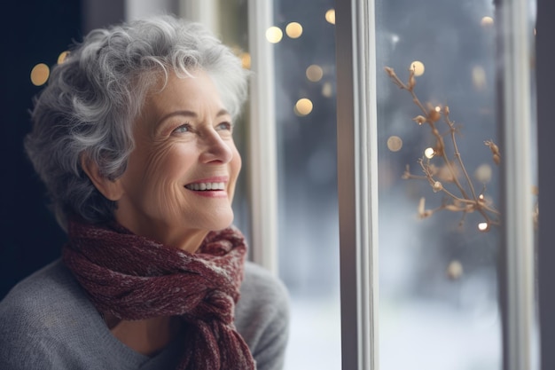 Close up of a senior woman contemplating a winter scene from her window