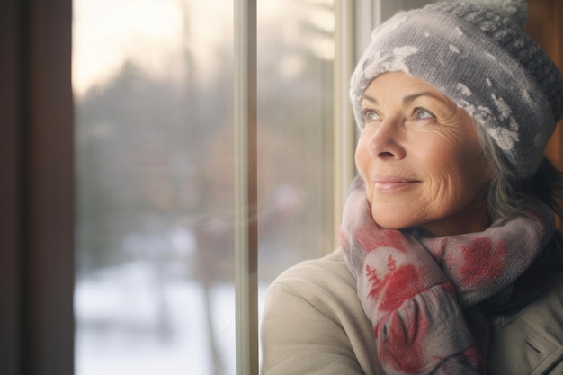 Close up of a senior woman contemplating a winter scene from her window