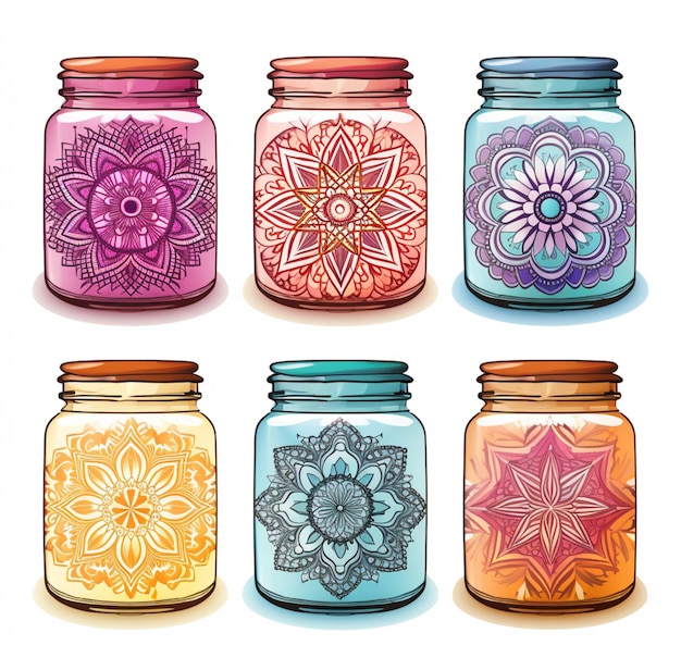 Photo a close up of a set of six jars with different designs generative ai