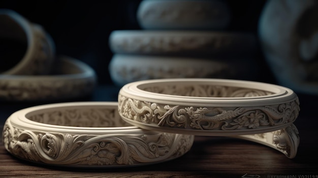 A close up of a set of white ceramic bowls with the word chiang mai on the bottom.