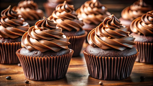 a close up of several cupcakes with chocolate frosting and chocolate frosting