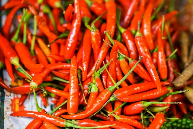 Close-up several red peppers cook or hot peppers is a spicy vegetables.