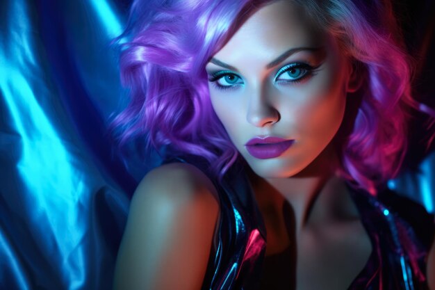 Close up of a sexy young woman with dyed color hair and make with neon lights lighting Generative AI