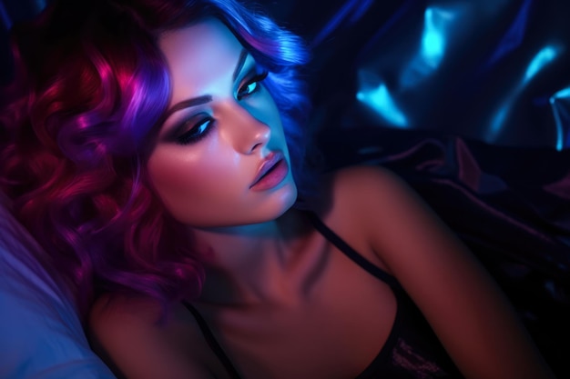 Close up of a sexy young woman with dyed color hair and make with neon lights lighting Generative AI