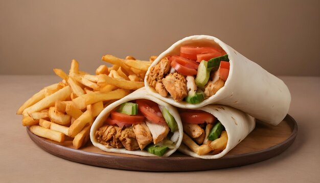 Close up of a shawarma with chicken fries and vegetables on a tan background