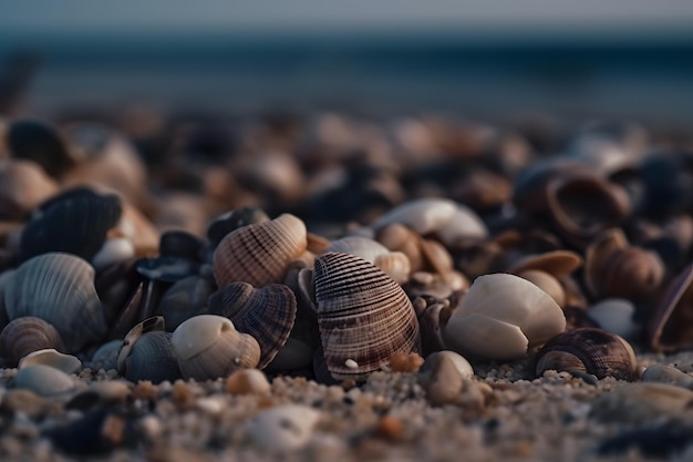 A close up of shells on a beach