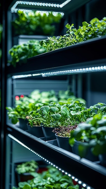 Photo close up shelves with salad greens and young microgreens in pots