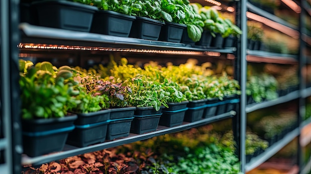 Photo close up shelves with salad greens and young microgreens in pots