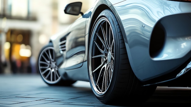 A close up of a shiny black car wheel with a blurred city background