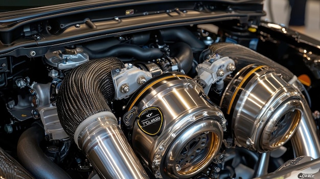 Close Up of Shiny Metal Car Engine with Carbon Fiber Parts