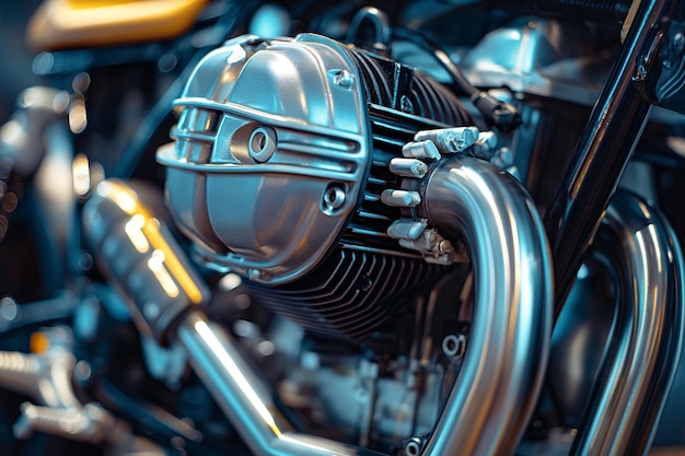 Photo close up of shiny motorcycle engine parts with chrome elements