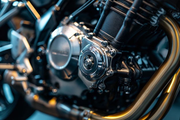 Photo close up of a shiny motorcycle engine with chrome details