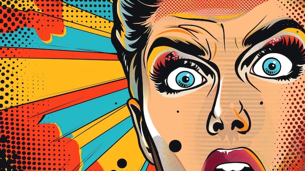 Close up of a shocked womans face in the style of a comic book