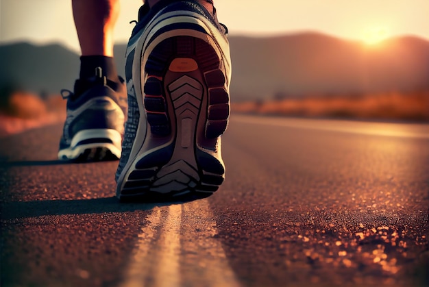 Close up on shoe Runner athlete feet running on road under sunlight in the morning