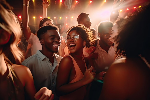 Close up shot of afro american young people partying in a pub or disco