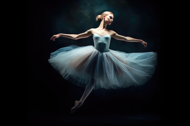 A close up shot of a ballerina in mid air frozen in a graceful pose Generative AI