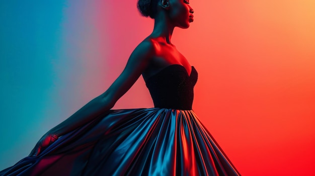 Close up shot of a beautiful woman dressed in a ball gown smiling at a formal event modern style