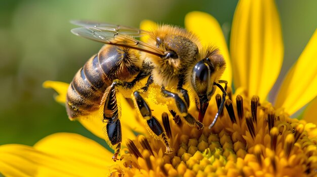 A close up shot of a bee collecting nectar from a bright yellow flower